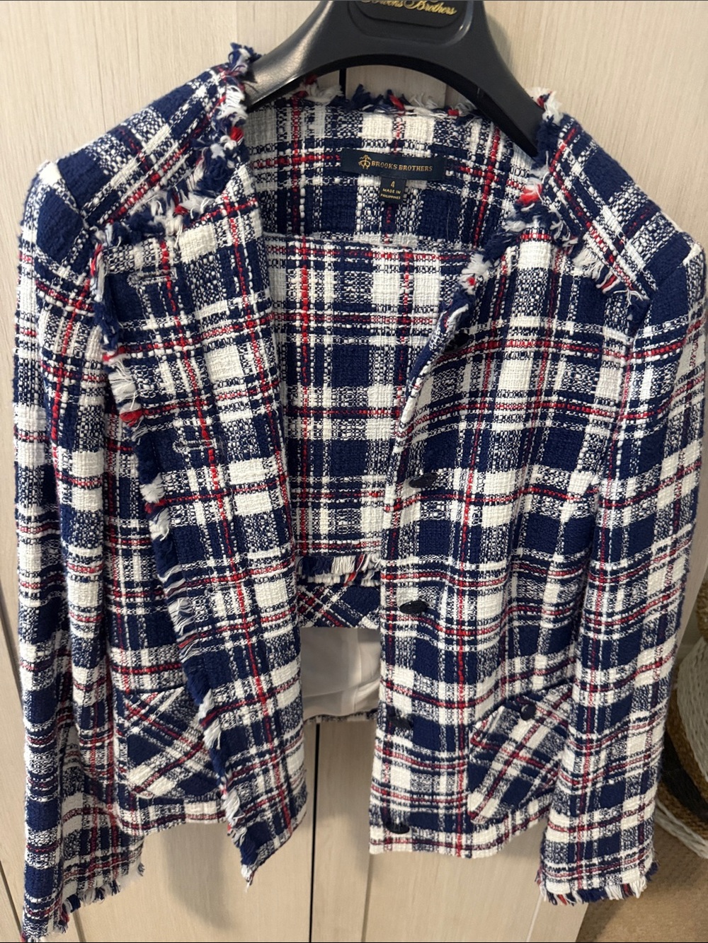 Brooks Brothers Navy, White & Red Plaid Cropped Tweed Blazer